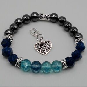 AAA+ Hematite, Lapus Lazuli, and Blue Stone with Silvery Heart Charm